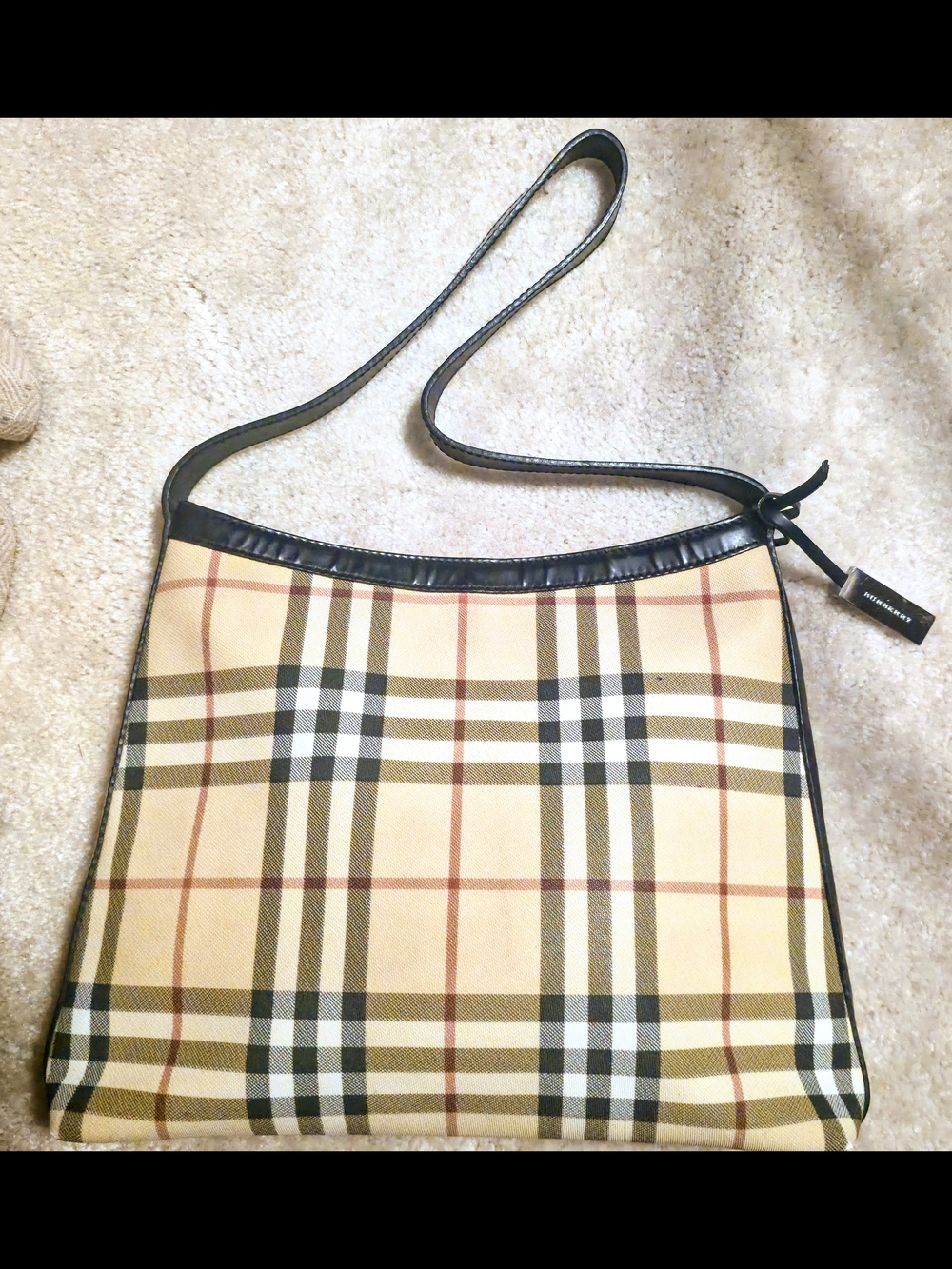 Burberry Nova Check Plaid Canvas Leather Trim Shoulder Bag in Beige and Black - Picture 2 of 2
